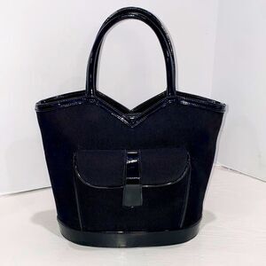 Lulu Guinness London Black Cotton With Faux Patent Leather Trim Purse
